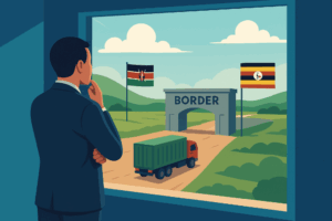 Illustration of a businessman looking out a window at a Kenya–Uganda border crossing, where a cargo truck approaches an archway marked “border,” flanked by the Kenyan and Ugandan flags.
