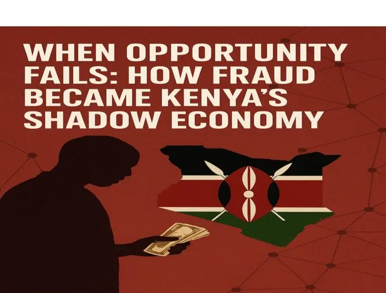 A digital illustration showing shadowy figures exchanging cash across a glowing laptop screen, symbolizing cross-border fraud. In the background, Nairobi’s skyline blends with U.S. symbols like dollar bills and graduation caps, highlighting the link between Kenyan youth, diaspora money laundering, and FAFSA fraud.
