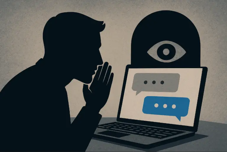 Shadow figure eavesdropping on a computer chat as ChatGPT AI systems remove chat-history or censor conversations