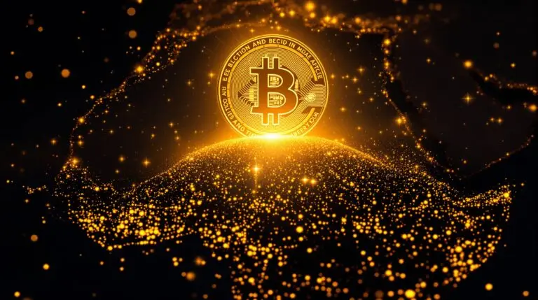 Golden Bitcoin glowing and rising above the African continent, symbolizing digital rebirth and financial transformation.