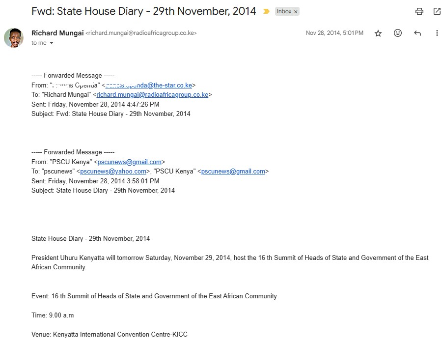 Email screengrab showing highlights about State House Kenya media invite for the East African Community summit on November 29, 2014 at the Kenyatta International Convention Centre-KICC
